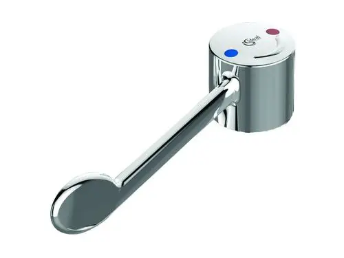 Chromfarbener Klinikgriff von Ideal Standard mit runder, flacher Oberfläche und einem langen Hebel. Die Heizungs- oder Wasseranschlussoptionen sind nicht abgebildet.
